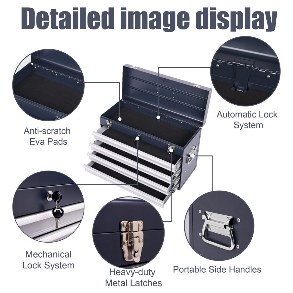 Heavy Duty Metal Tool Box, 21-inch, Portable Metal Tool Box With 4 Drawers, Small Tool Chest With EVA Liners, Ball Bearing Slide Drawers Locking & Powder Coated Finish, Multi-Function Tool Organizer