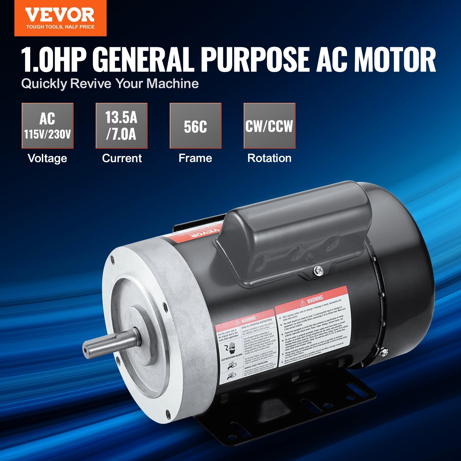 1HP Electric Motor 3450 Rpm, AC 115V/230V, 56C Frame, Air Compressor Motor Single Phase, 5/8' Keyed Shaft, CW/CCW Rotation For Agricultural Machinery And General Equipment - Image 5