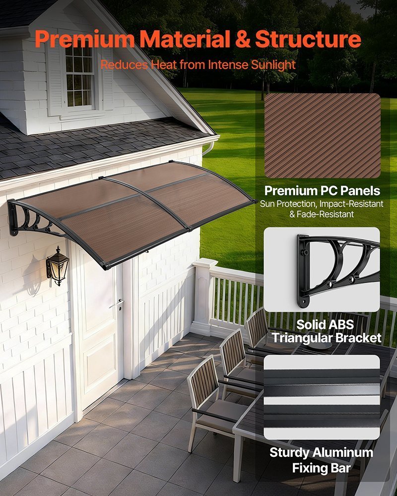 Awnings For Door Entrance, 38 X 78 In, Exterior Front Door Window Awnings With Drainage & Metal Bracket, Rain Snow Sun Protection, Overhang Polycarbonate Door Canopy For Porch Patio, Brown