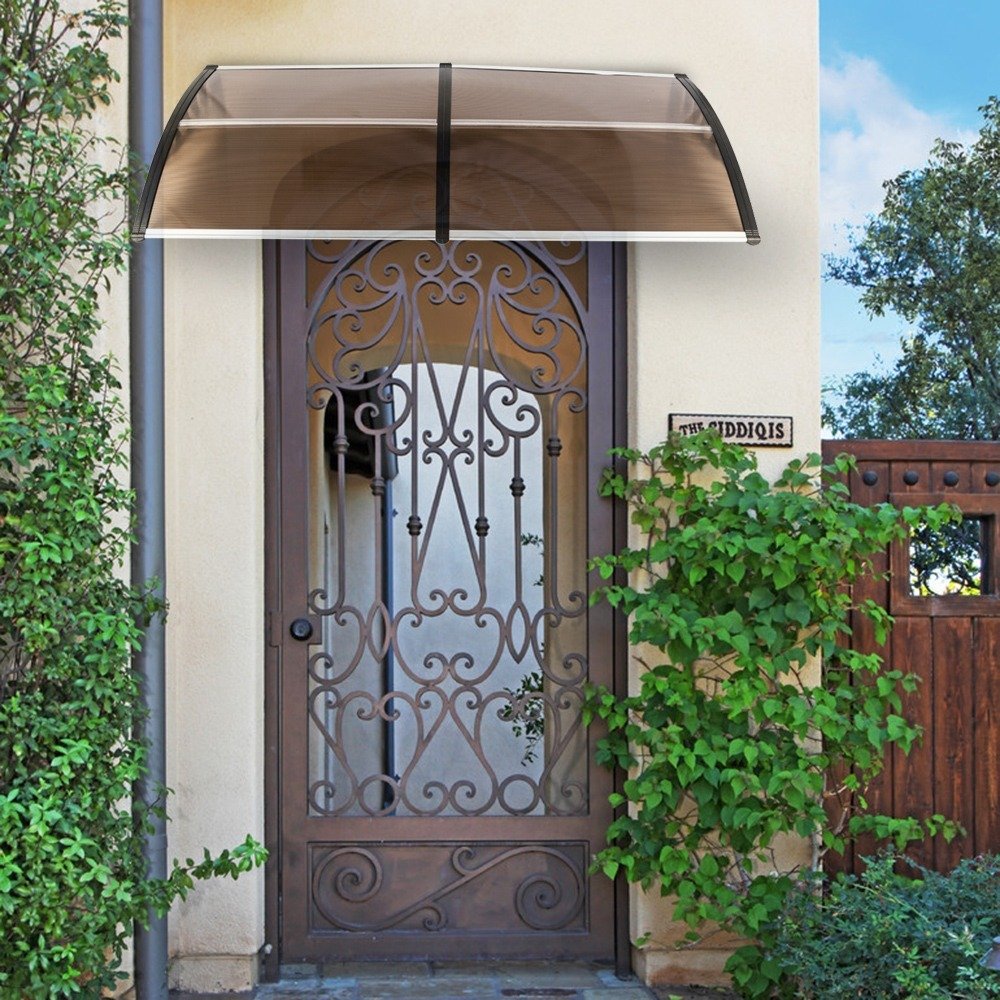 80x38in Door Window Awning With Brown Polycarbonate Panel & Black Bracket, Outdoor Rain Snow Sun Shade Cover, Durable 10-Year Lifespan, Easy Install