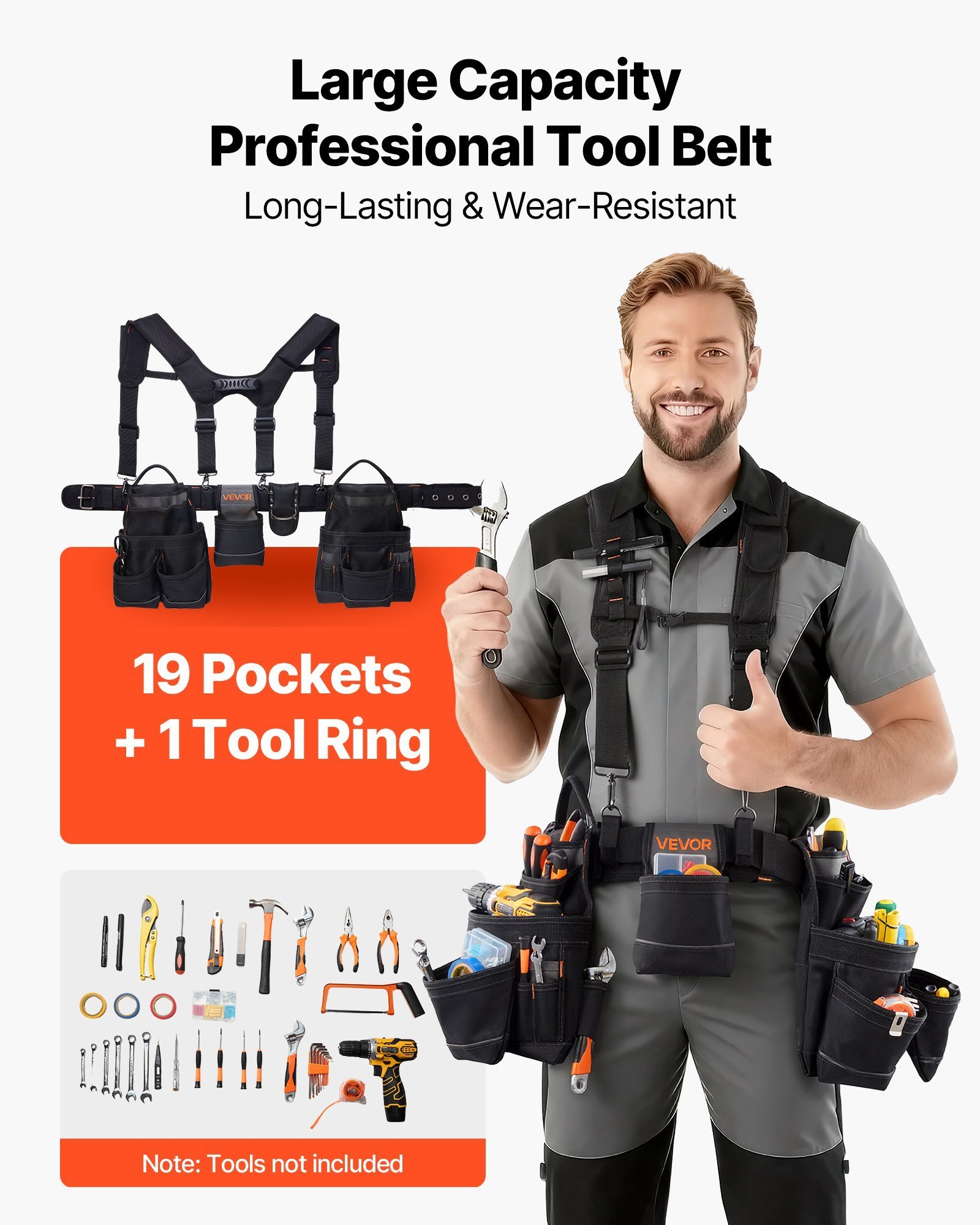 Tool Belt, 19 Pockets Tool Pouch With Suspenders For Men, Heavy Duty Adjustable Utility Belt Work Bag Detachable Suspension Rig For Electrician, Carpenter, Construction, Adjust Waist 31 To 51in - Image 2