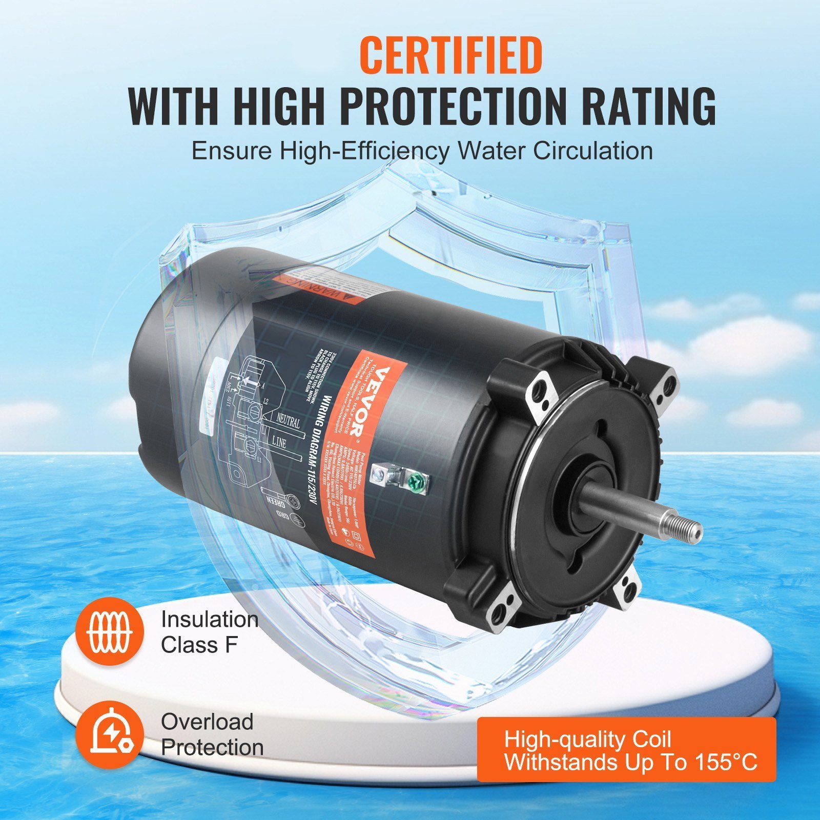 1 HP Pool Pump Motor, 56J Frame, 115V(9.8 Amps)/230V(4.9 Amps) 3450 RPM, 60Hz, 1.4 Service Factor, 90μF/250V Capacitor, CCW Rotation Round Flange Replacement Motor - Image 3