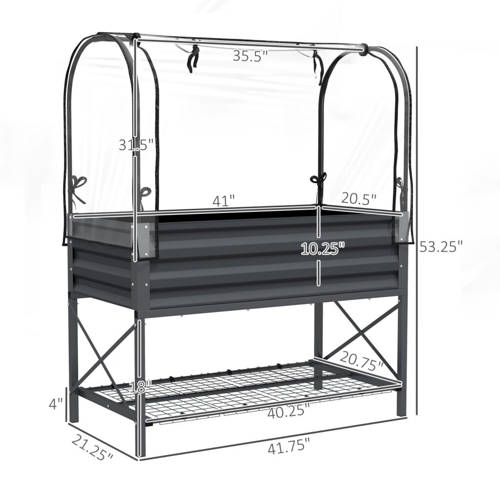 Raised Garden Bed with Legs and Cover, Metal Elevated Planter Box with Bottom Shelf and Liner for Vegetables, Dark Gray