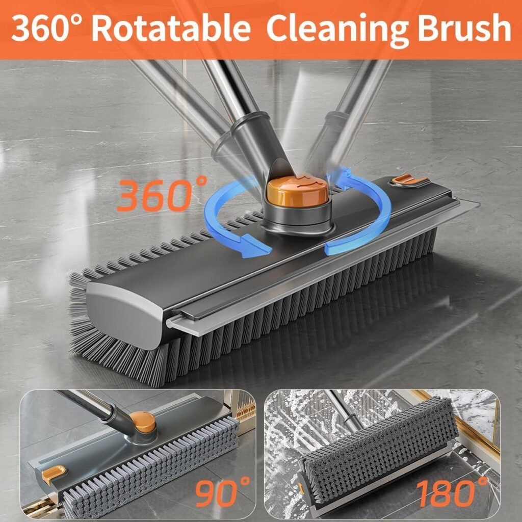 Floor Scrub Brush With 54in Adjustable Long Handle, Grey&Orange  3 In 1 Floor Scrub Brush With Scraper And Stiff Bristle, Heavy Duty Floor Scrubber For Shower Bathroom Kitchen Patio Garage