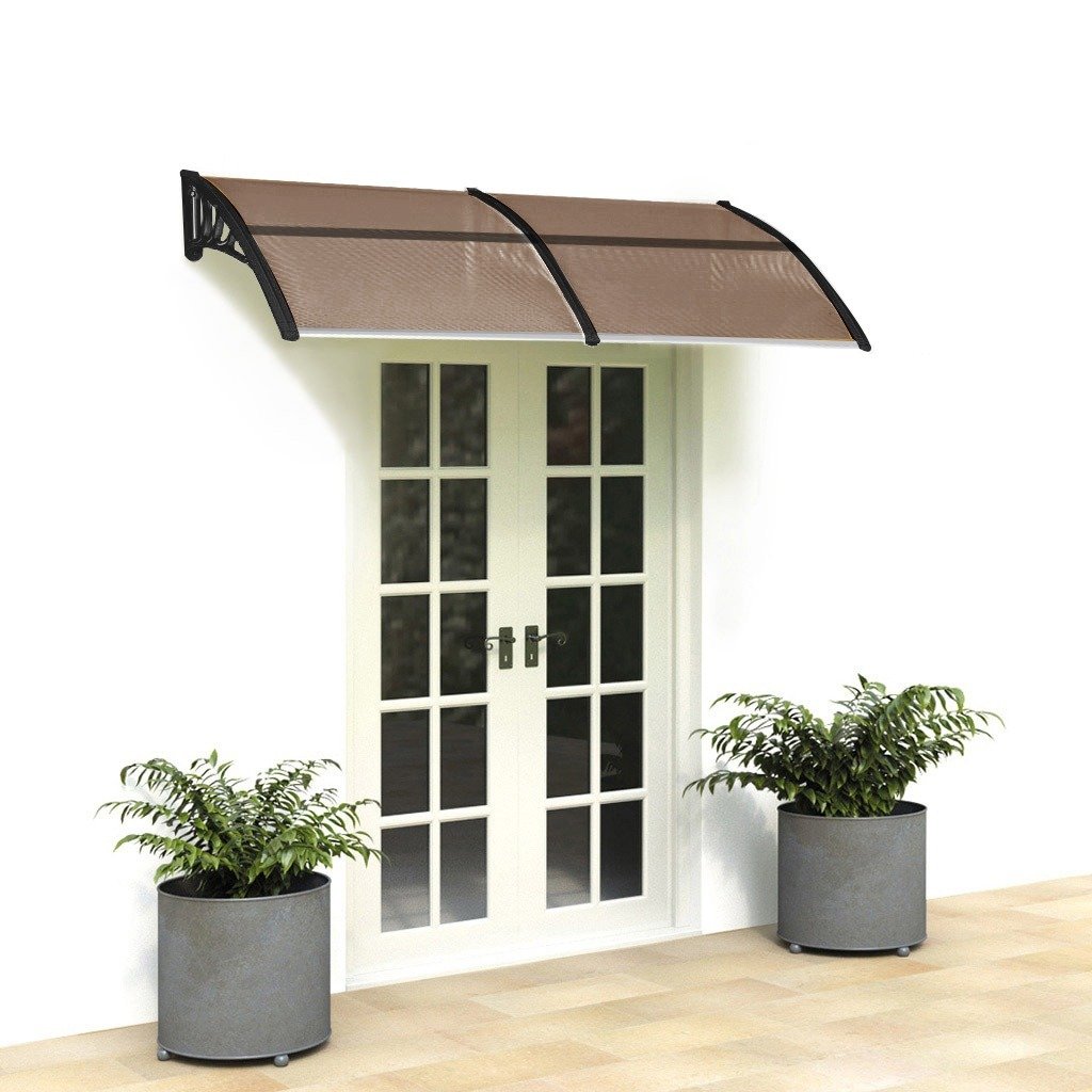 80x38in Door Window Awning With Brown Polycarbonate Panel & Black Bracket, Outdoor Rain Snow Sun Shade Cover, Durable 10-Year Lifespan, Easy Install