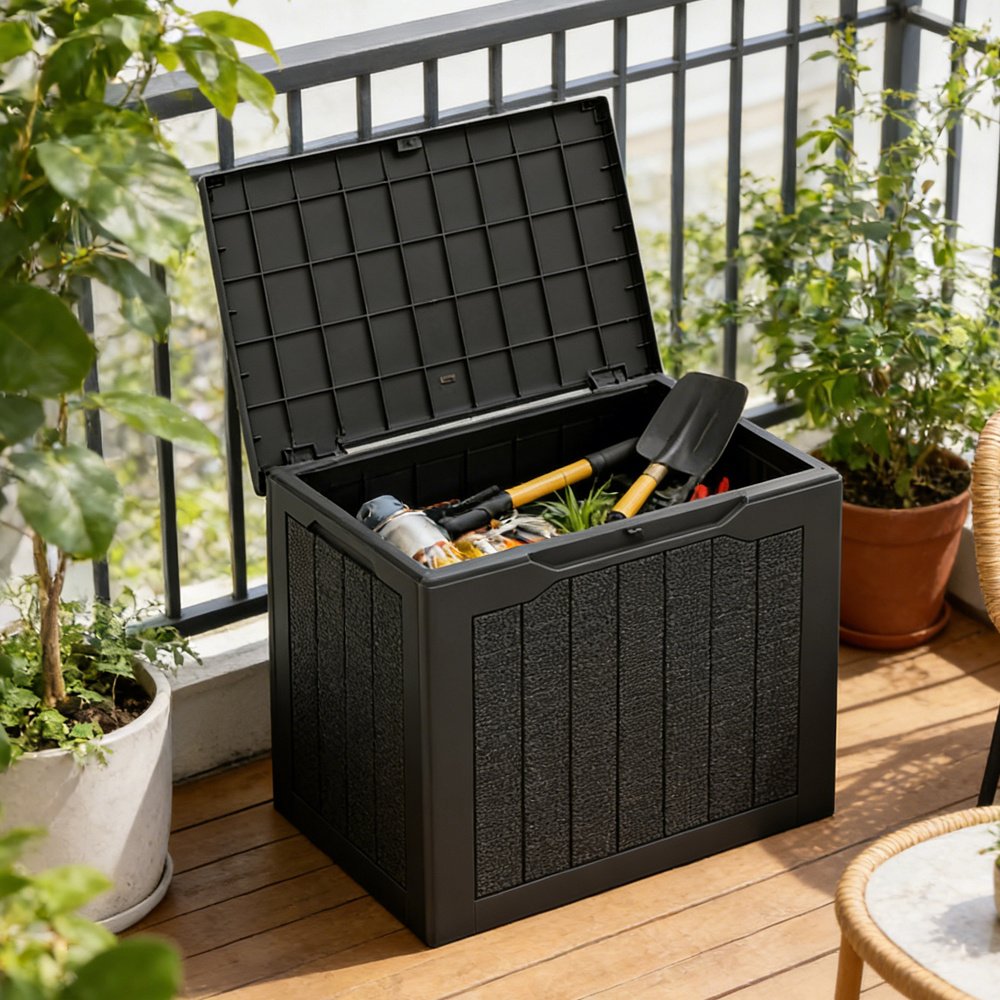 Outdoor Storage Box 25 Gallon Deck Box With Lockable Lid And Wicker-woven Texture For Storage Bin, Side Table Or Bench