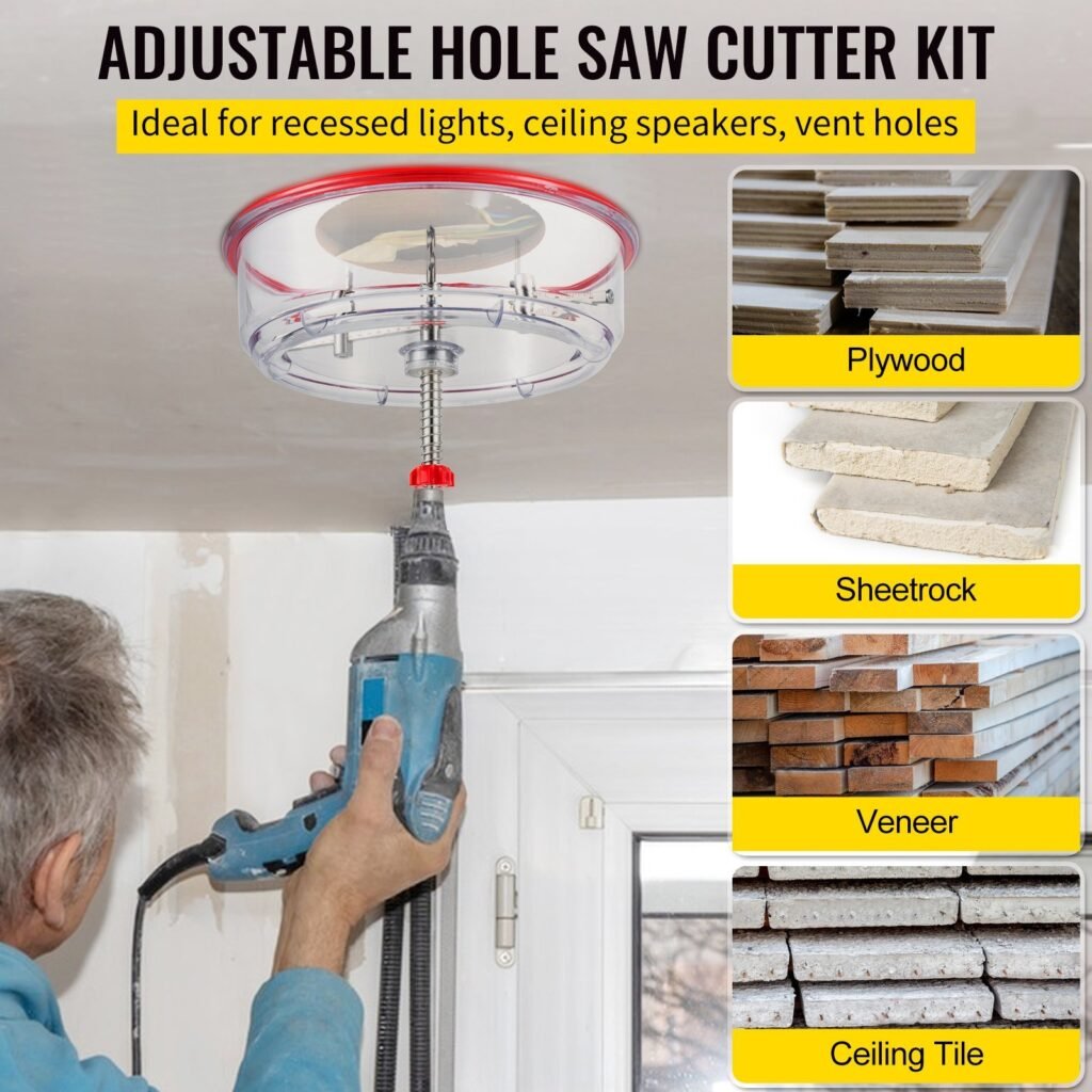 Adjustable Hole Saw Cutter Kit, 1-5/8' To 8' (40-200 Mm), Twin Blade Recessed Hole Saw With PC Dust Shield, Two Replaceable Pilot Drill Bits, For Recessed Lights, Ceiling Speakers, Vent Holes