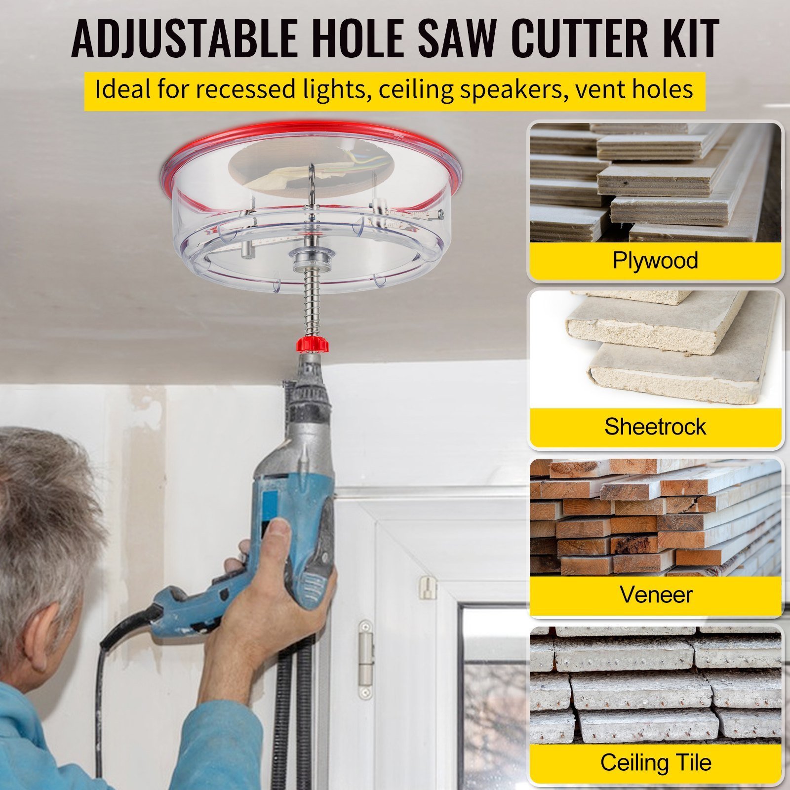 Adjustable Hole Saw Cutter Kit, 1-5/8' To 8' (40-200 Mm), Twin Blade Recessed Hole Saw With PC Dust Shield, Two Replaceable Pilot Drill Bits, For Recessed Lights, Ceiling Speakers, Vent Holes - Image 4