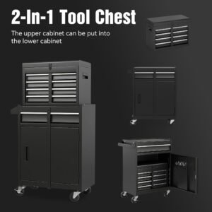 Excelo Tool Chest, 5-Drawer Rolling Tool Storage Cabinet With Detachable Top Tool Box, Liner, Universal Lockable Wheels, Adjustable Shelf, Locking Mechanism, Metal Tool Cart For Garage Workshop - Image 7