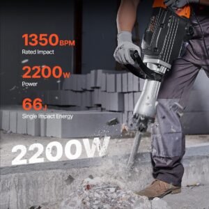 Demolition Jack Hammer, 2200W Electric Jackhammer Heavy Duty, 1350 BPM Concrete Breaker, 2pcs Chisels Bit Chipping With Case, Black - Image 4