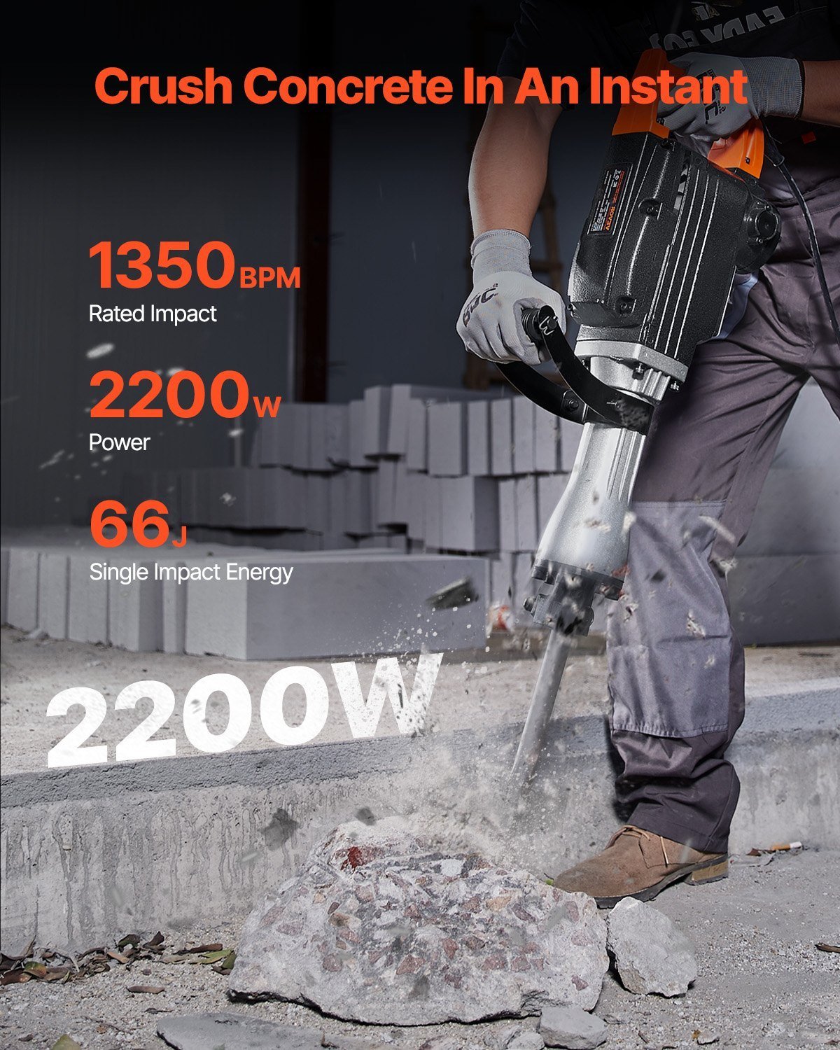 Demolition Jack Hammer, 2200W Electric Jackhammer Heavy Duty, 1350 BPM Concrete Breaker, 2pcs Chisels Bit Chipping With Case, Black - Image 4