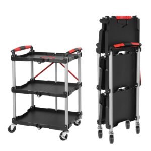Foldable Utility Service Cart, 3 Shelf Heavy Duty Plastic Rolling Cart With Swivel Wheels 2 With Brakes, Ergonomic Handle, Portable Garage Tool Cart For Warehouse Office Home - Image 1