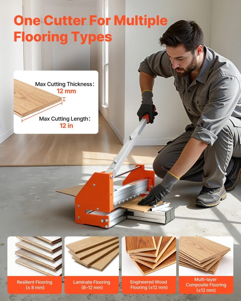 12 Inch Vinyl Floor Cutter, 12mm Thick Laminate Flooring Cutter With Upgraded Labor-Saving Aluminum-Alloy Lever, Telescoping Support Plate, Cuts Certain Engineered Wood, LVT, VCT, SPC, LVP, WPC