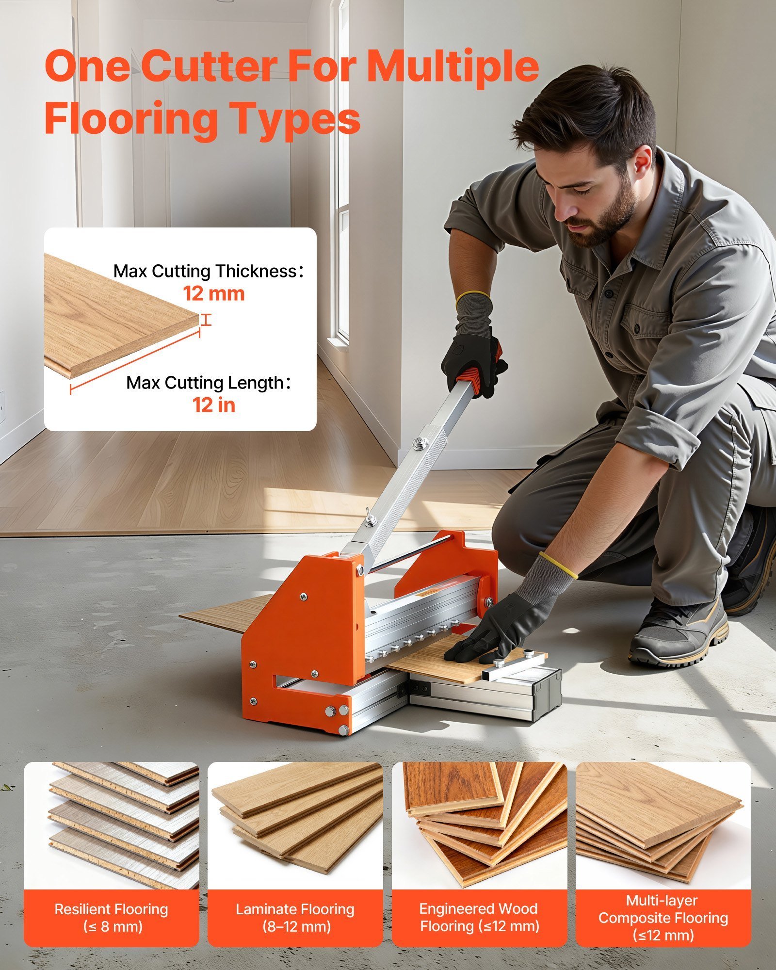 12 Inch Vinyl Floor Cutter, 12mm Thick Laminate Flooring Cutter With Upgraded Labor-Saving Aluminum-Alloy Lever, Telescoping Support Plate, Cuts Certain Engineered Wood, LVT, VCT, SPC, LVP, WPC - Image 2