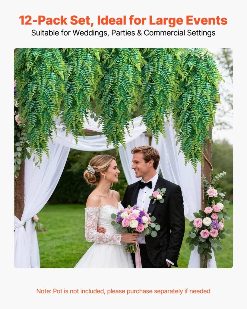Artificial Ferns, 12 Pcs Fake Hanging Boston Fern Bush Plant With 32 Inch Hanging Length, Plastic Faux Greenery For Indoor/Outdoor Decor, For Wall, Wedding Party, Home, Porch Garden, No Basket