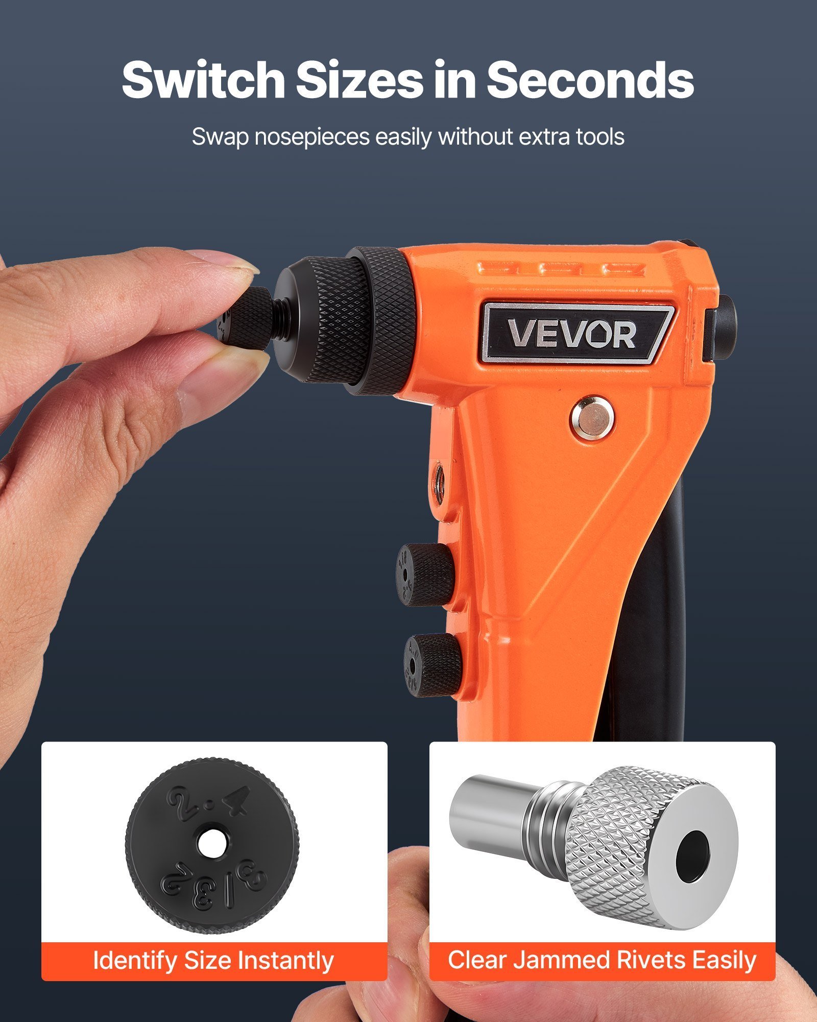 Pop Rivet Gun Kit, With 200 Blind Rivets, Heavy Duty Single Hand Riveter With 4 Interchangeable Nosepieces, 4 Drill Bits, And A Carrying Case, Manual Riveting Tool For Metal, Automotive, Home - Image 3