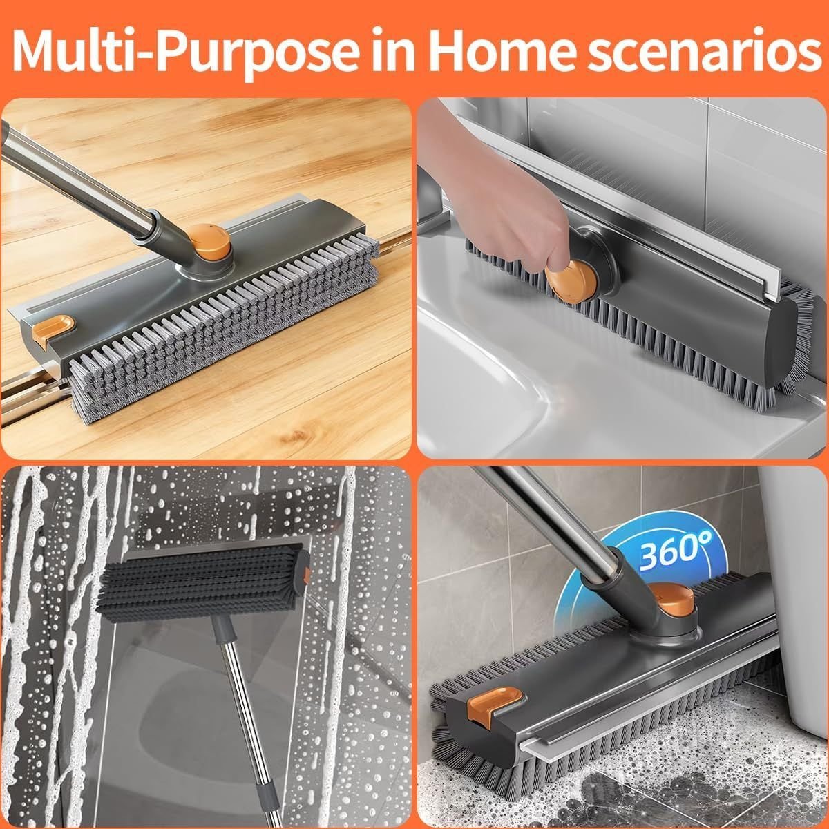 Floor Scrub Brush With 54in Adjustable Long Handle, Grey&Orange  3 In 1 Floor Scrub Brush With Scraper And Stiff Bristle, Heavy Duty Floor Scrubber For Shower Bathroom Kitchen Patio Garage - Image 6