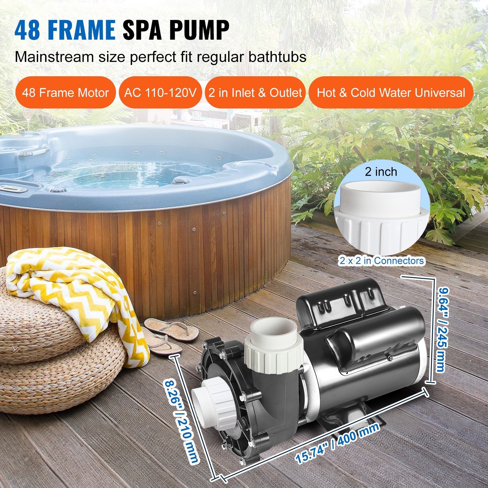 2 Speed SPA Pump, 48-Frame, AC 110-120V Hot Tub SPA Pump, 1.5HP/150GPM/42.65ft High Speed Or 0.46HP/70GPM/9.18ft Low Speed, 2' Port 90° Rotational Interface For Hot Tub, Tested To UL Standards - Image 3