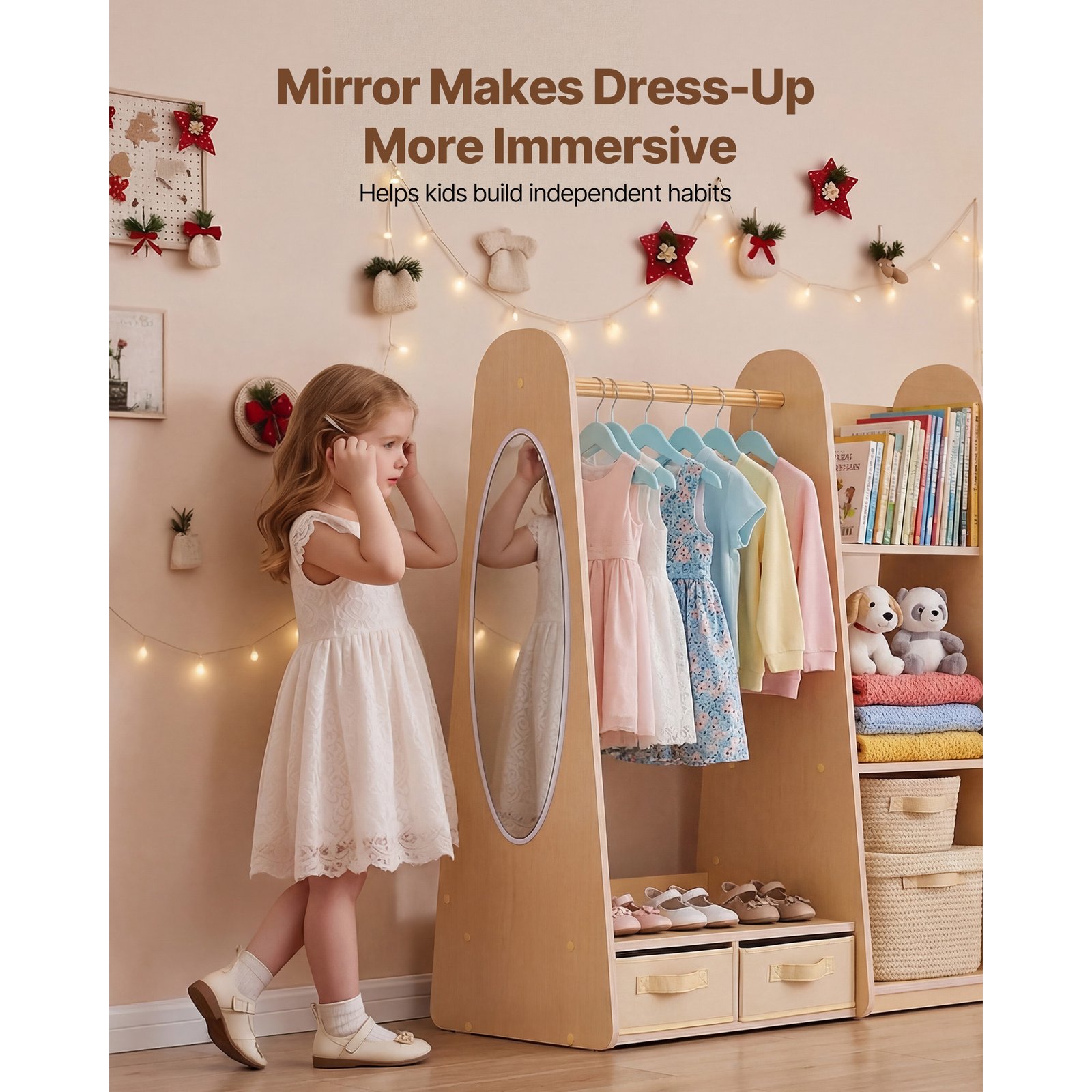 Kids Dress Up Storage, With Mirror, Dress Up Closet, Toddler Wardrobe Closet For Little Girls, Armoire With Shelves & Bottom Tray, Costume Organizer, Toddler Room Furniture, For Bedroom, Natural - Image 3