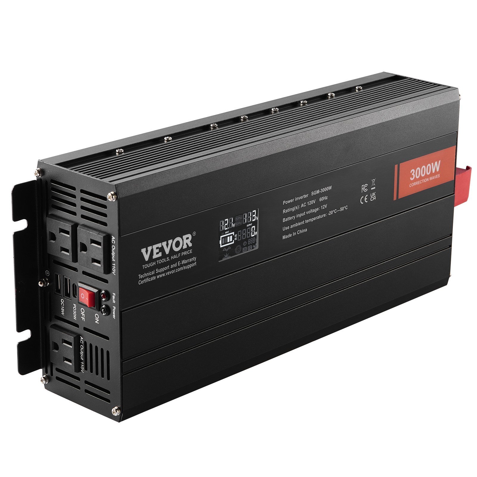 Modified Sine Wave Inverter, 3000Watt, DC 12V To AC 120V LCD Display Power Inverter With 3 AC Outlets 2 USB Port 1 Type-C Port 10 Spare Fuses, For Large Household Equipment, CE FCC Certified - Image 1