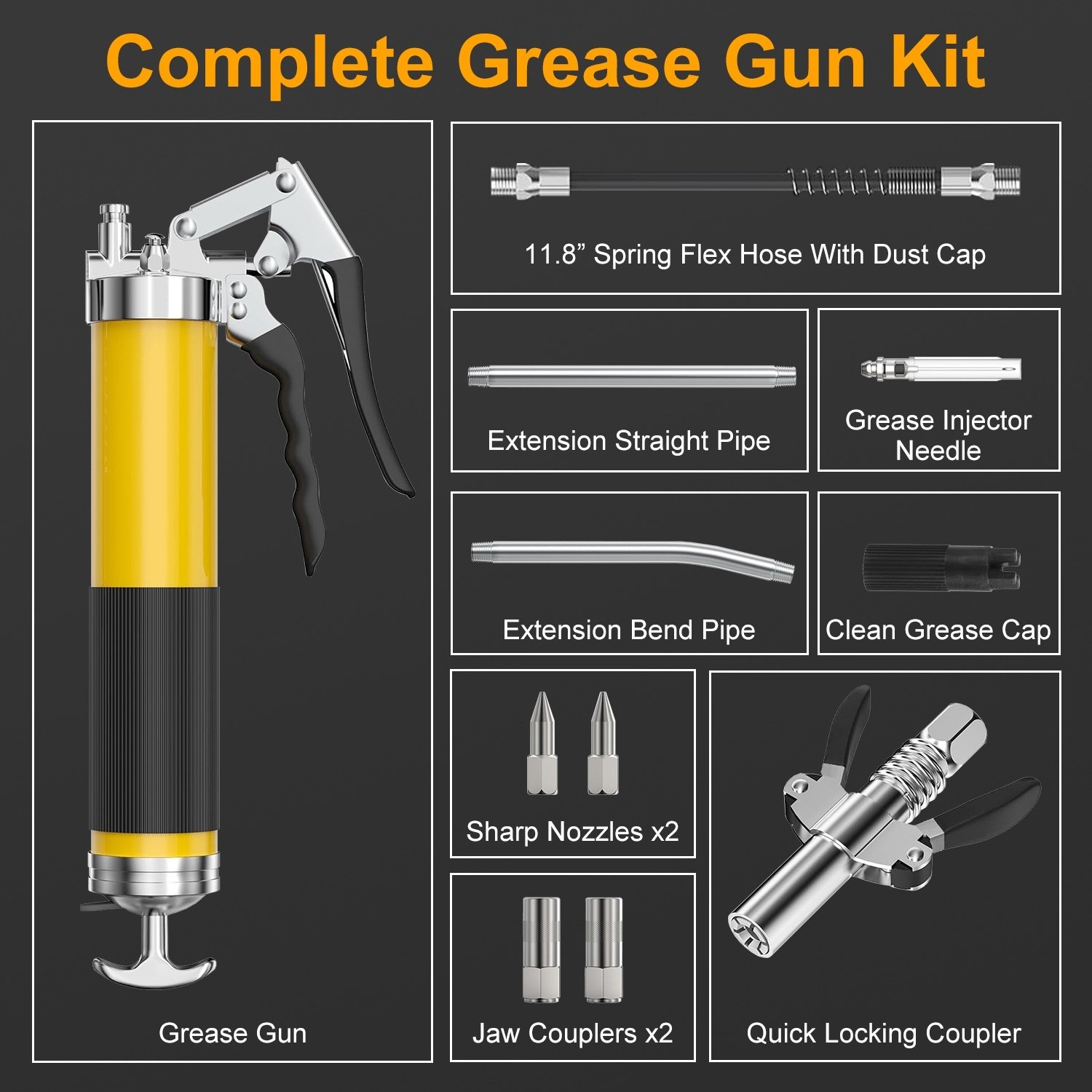 1Pc Grease Gun Kit Fit For 14 Oz Grease Tube 7000 PSI High Pressure Pistol Grip Grease Gun With Lock Coupler 11in Spring Flex Hose Jaw Couplers Sharp Nozzles - Image 6