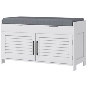 Shoe Storage Bench, Modern Entryway Bench With Cushion, Hidden Compartments, Adjustable Shelves, Shutter Doors, White - Image 6