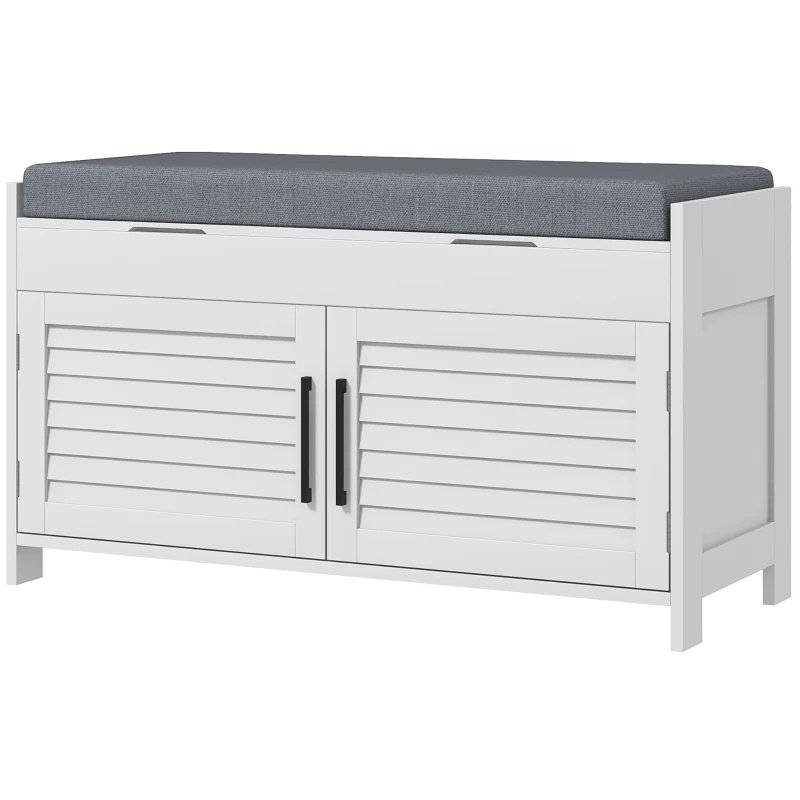 Shoe Storage Bench, Modern Entryway Bench With Cushion, Hidden Compartments, Adjustable Shelves, Shutter Doors, White
