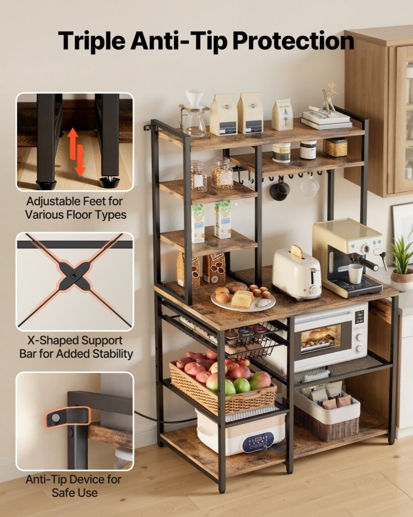 Kitchen Bakers Rack, 5 Ft Power Cable Bakers Rack With Power Outlet, Kitchen Stand With X-Shaped Support Bar, 10 S-Shaped Hooks, Coffee Bar Stand For Dishes, Spice Bottles, Built-In Power Strip