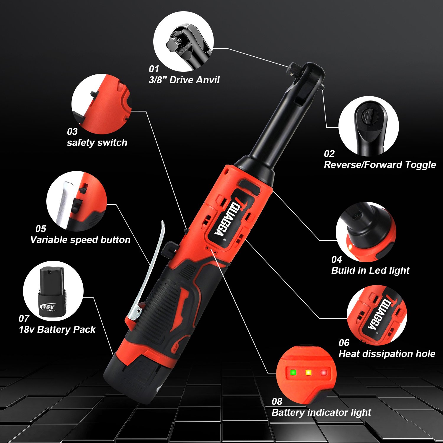 TQUAGGA 18V Extended Cordless Electric Ratchet Wrench Set, Extended Neck, Variable Speed, 18V, 18V Cordless Electric Ratchet Wrench Set, Automotive Repair Tools, Electric Tools - Image 7