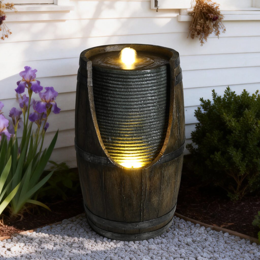 Outdoor Water Fountain With Bird Waterer, Rustic Barrel Garden Fountain With LED Lights And Pump, Faux Wood Resin Water Feature For Patio Backyard Porch Yard