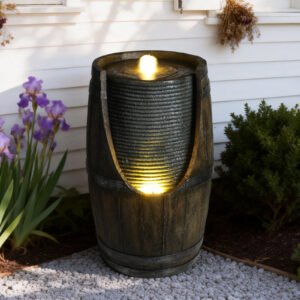 Outdoor Water Fountain With Bird Waterer, Rustic Barrel Garden Fountain With LED Lights And Pump, Faux Wood Resin Water Feature For Patio Backyard Porch Yard - Image 7