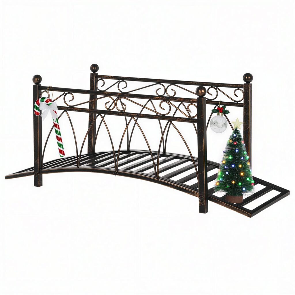 3.3 Metal Arch Zen Garden Bridge with Safety Siderails, Decorative Footbridge, Delicate Scrollwork & Corner Spheres for Stream, Fish Pond, Bronze