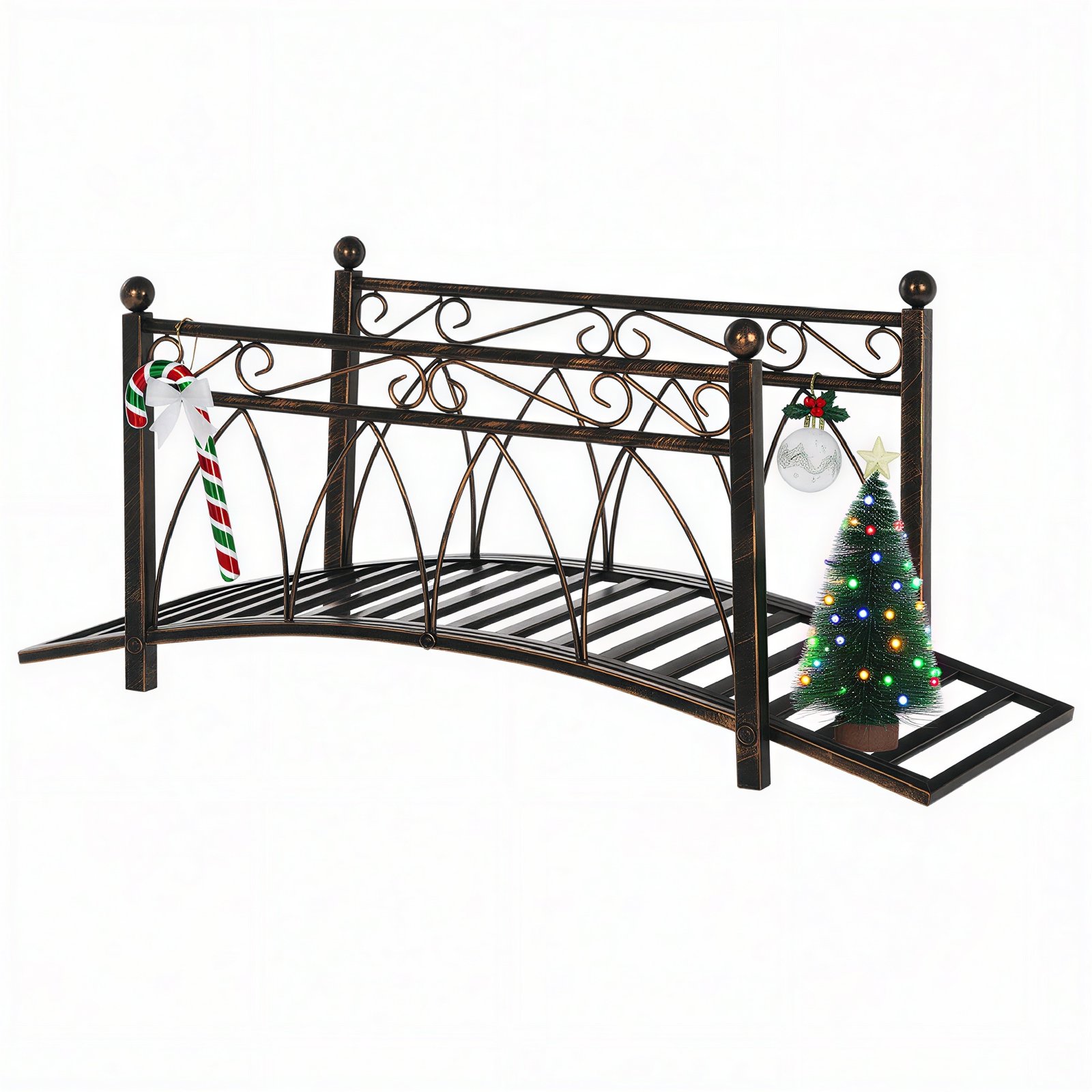 3.3 Metal Arch Zen Garden Bridge with Safety Siderails, Decorative Footbridge, Delicate Scrollwork & Corner Spheres for Stream, Fish Pond, Bronze - Image 9