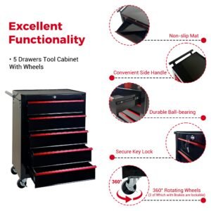 5 Drawer Rolling Tool Chest, Ball Bearing Slides, Steel Storage For Garage And Workshop - Image 5