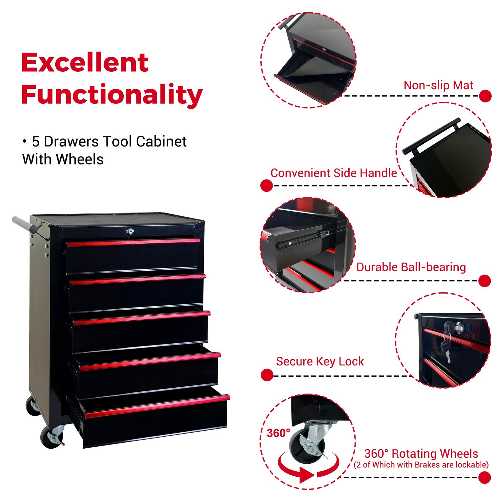 5 Drawer Rolling Tool Chest, Ball Bearing Slides, Steel Storage For Garage And Workshop - Image 5