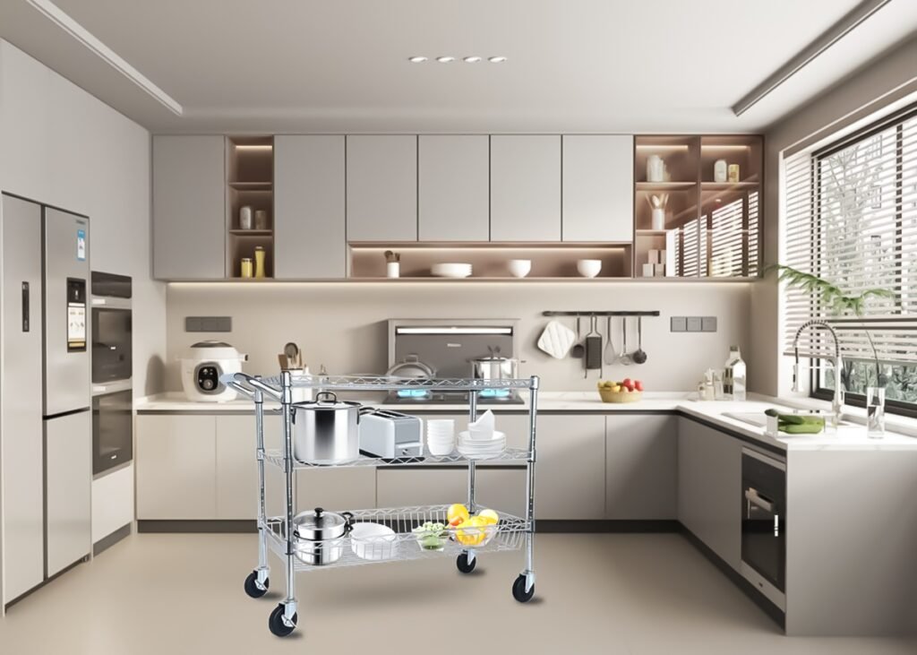 Heavy Duty Rolling Utility Cart,3 Tier Rolling Carts With Wheels,with Handle Bar & Shelf Liners,36inchx18inchx32inchStorage Cart For Kitchen,Restaurant,Plant Display,Chrome