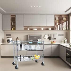 Heavy Duty Rolling Utility Cart,3 Tier Rolling Carts With Wheels,with Handle Bar & Shelf Liners,36inchx18inchx32inchStorage Cart For Kitchen,Restaurant,Plant Display,Chrome - Image 8