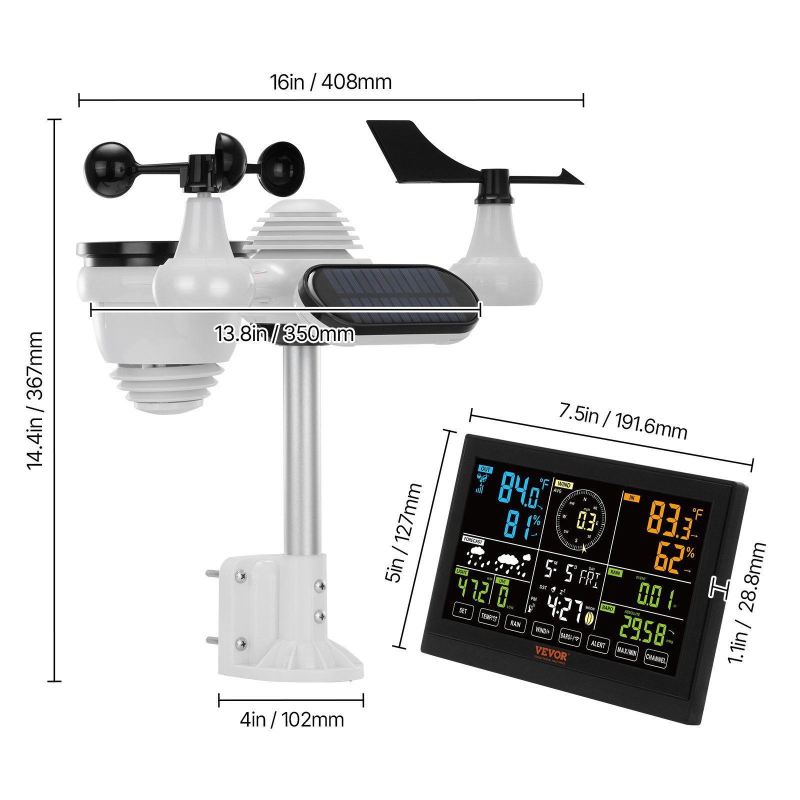VEVOR 7-in-1 Wireless Weather Station, 7.5 In Large Color Display, Digital Home Weather Station Indoor Outdoor, For Temperature Humidity Wind Speed,Direction Rain UV, With Forecast Data, Alarm, Alerts - Image 4