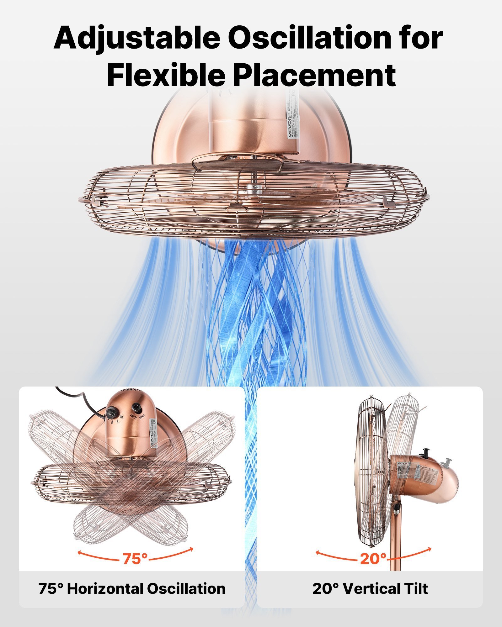 16-Inch High Velocity Pedestal Fan, 1450 CFM Industrial Standing Floor Fan With Handle, 75° Oscillating, 3-Speed Adjustable Height, Metal Made For Commercial, Garage, Workshop, Home, Copper - Image 5