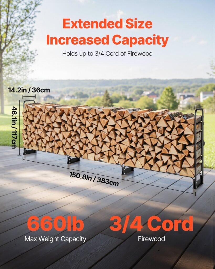 12.7FT Outdoor Firewood Rack With Cover, 152x14.2x46.1in,Heavy Duty Firewood Holder & 600D Oxford Waterproof Cover For Fireplace, Patio, Indoor/Outdoor Log Storage Rack For 3/4 Cord Of Firewood