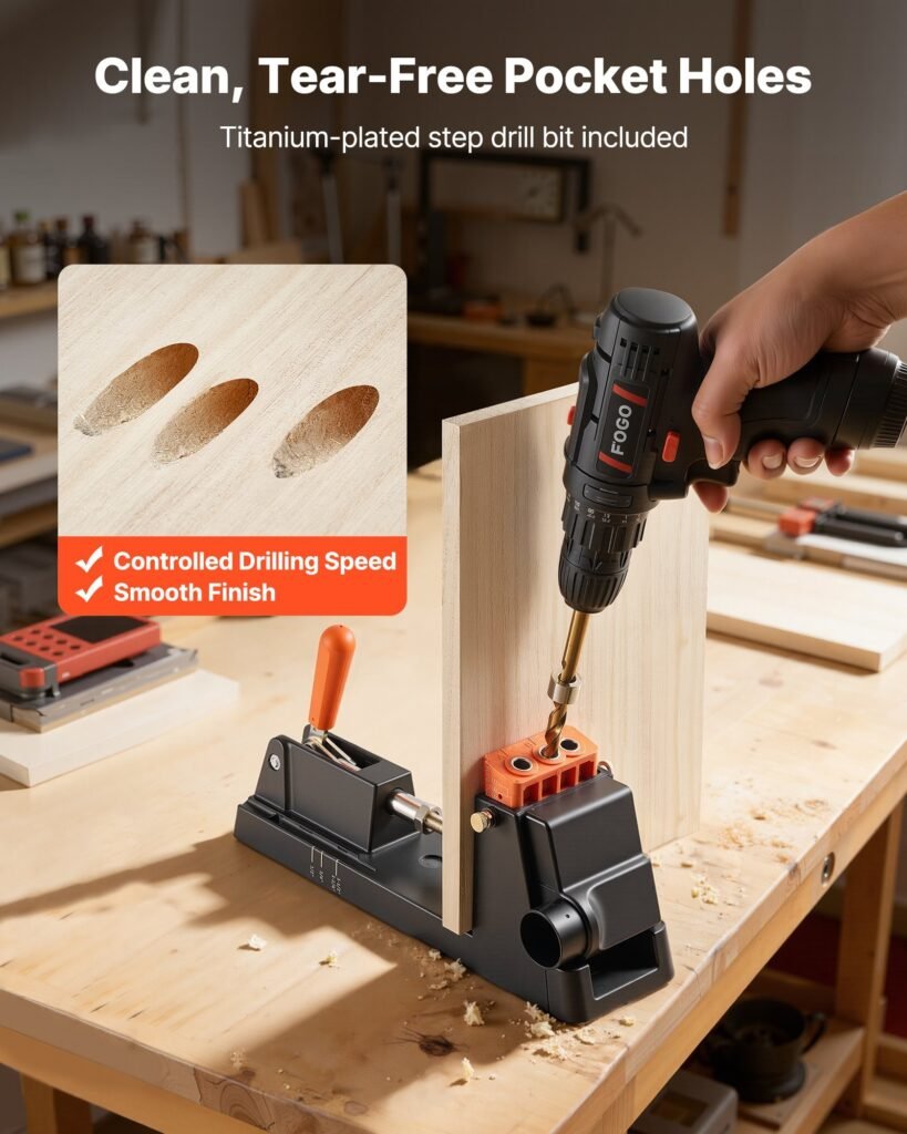 Pocket Hole Jig Kit, 1/2" To 1-1/2" Adjustable, Lightweight Jig Pocket Hole System With Dust Collection Adapter, Detachable Guide Block, Drill Bit, Stop Collar, Easy Adjusting, For Woodworking