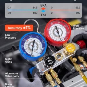 AC Manifold Gauge Set For R22 R404A R410A R12 Refrigerants, 4 Way AC Gauges With 5 Ft Hoses For Automotive & Household Air Conditioning Maintenance, Evacuation Vacuuming Charging And Recovery - Image 2