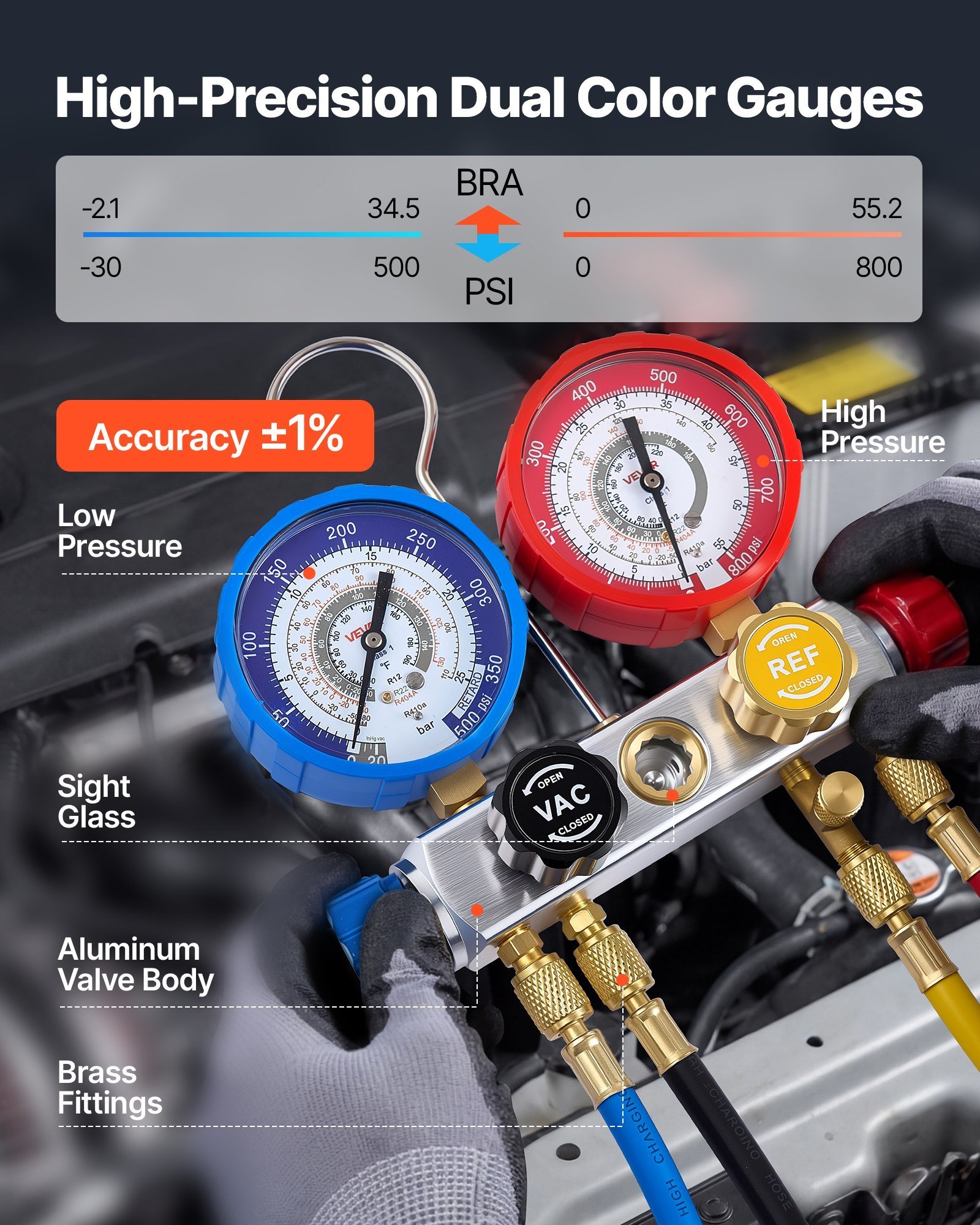 AC Manifold Gauge Set For R22 R404A R410A R12 Refrigerants, 4 Way AC Gauges With 5 Ft Hoses For Automotive & Household Air Conditioning Maintenance, Evacuation Vacuuming Charging And Recovery - Image 2