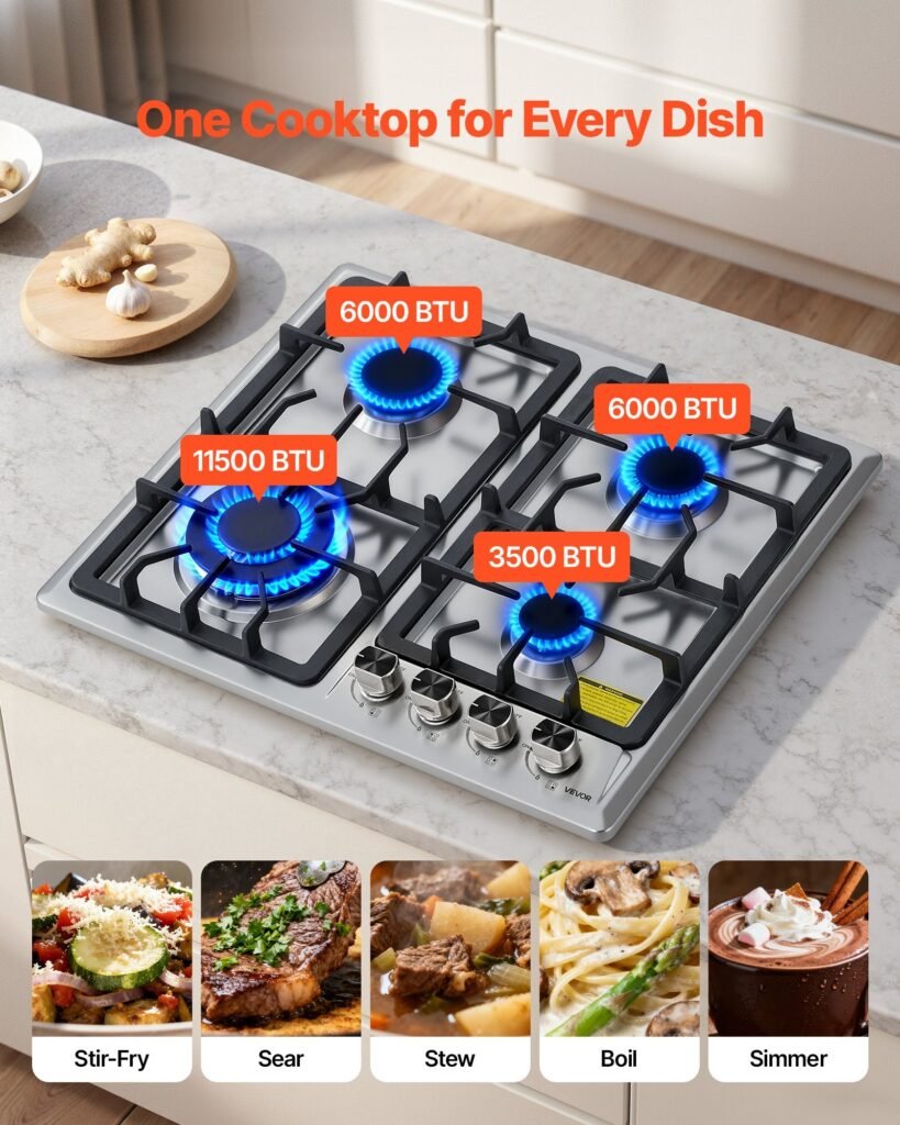 24 Inch Gas Cooktop 4 Burners Gas Stove Top, Max 27000BTU Built-in Stainless Steel Stove Top LPG/NG Convertible Dual Fuel Cooktop Stoves With Thermocouple Protection For Kitchen Apartment Rvs