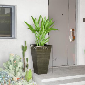 Set of 3 Tall Planters, 28" Outdoor Planter w/ Drainage Holes, Faux Wood Plastic Flower Pots, Dark Brown - Image 3