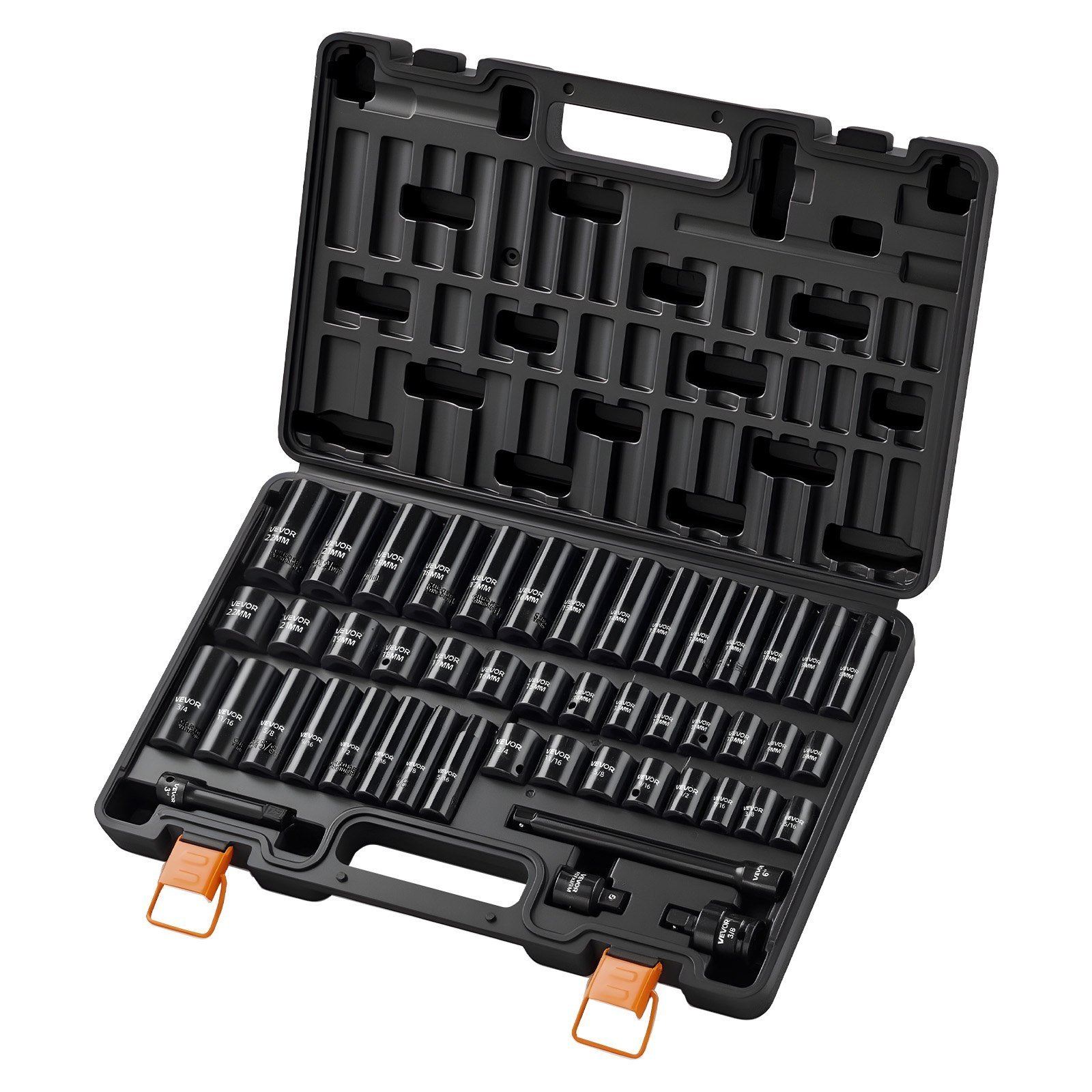 Impact Socket Set, 3/8" Drive, 48-Piece Socket Set, 6-Point Sockets, SAE 5/16"-3/4" And Metric 8-19 Mm, 21-22 Mm, Easy To Identify, Cr-V Alloy Steel, Extension Bar, Adapter And Storage Cage - Image 6