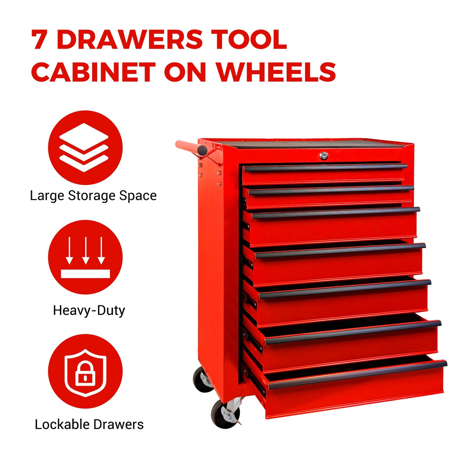 7-Drawer Rolling Tool Storage Cabinet With Detachable Top Tool Box, Universal Lockable Wheels, Adjustable Shelf, Locking Mechanism, Metal Tool Cart For Garage Workshop,Scarlet Flame Red - Image 5