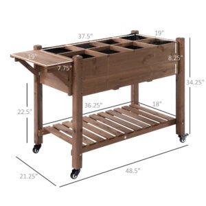 Wooden Garden Box, 34.25H with 8 Pockets and Lockable Wheels, Foldable Side Clapboard, Elevated and Self-Draining Design, to Grow Herbs, Vegetables, and Flowers, Brown - Image 4