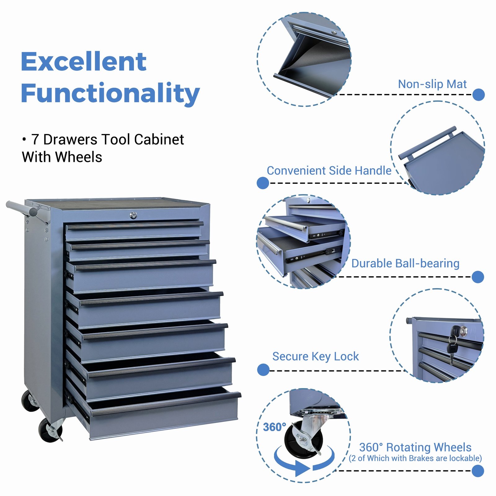 7-Drawer Rolling Tool Storage Cabinet With Detachable Top Tool Box, Universal Lockable Wheels, Adjustable Shelf, Locking Mechanism, Metal Tool Cart For Garage Workshop,Titanium Cold Grey - Image 3