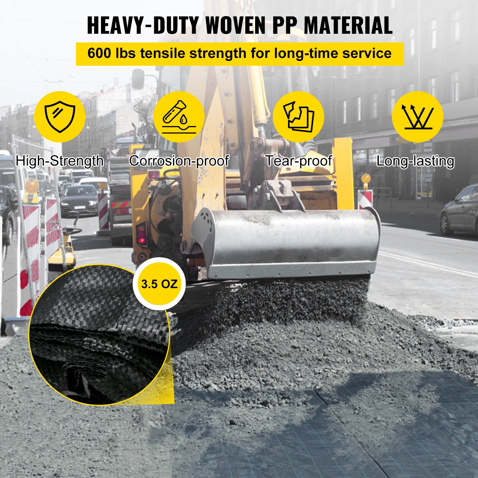 VEVOR Geotextile Fabric, 12.5 X 50 Ft 3.5oz Woven PP Driveway Drain Cloth W 600lbs Tensile Strength, Heavy Duty Underlayment For Soil Stabilization, Landscaping, Weed Barrier, 12.5FT50FT-3.5OZ, Black - Image 1